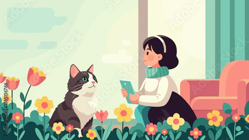 A girl with a cat sits among flowers, looking at a tablet