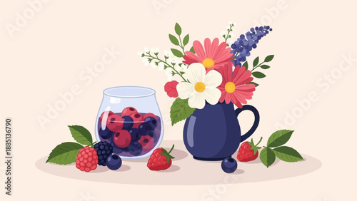 A glass jar filled with berries next to a dark blue pitcher holding a bouquet of colorful flowers