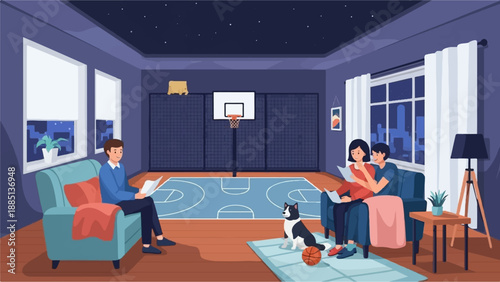 A family relaxes indoors with a dog near a basketball court, reading