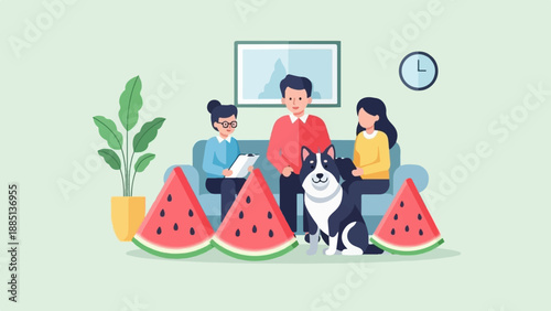 A family session with a therapist, dog, and watermelons