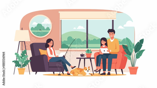 A family relaxes at home with pets, plants, and technology