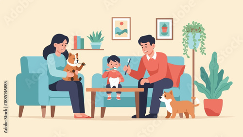 A family with two dogs is brushing teeth in a cozy living room