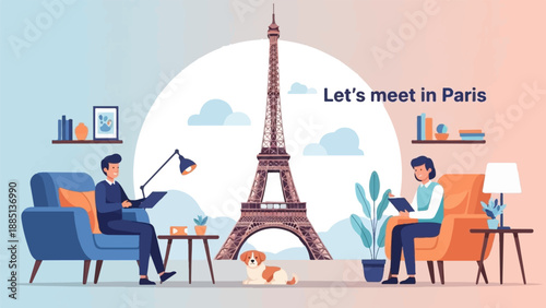 A digital scene of the Eiffel Tower with people relaxing indoors