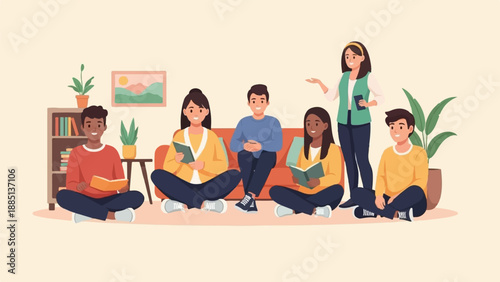 A diverse group of young people gathered indoors, reading books and listening