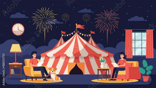 A festive night with fireworks, a circus tent, people reading, and a dog