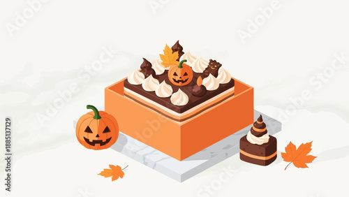 A festive square cake with Halloween pumpkin decorations sits in an orange box