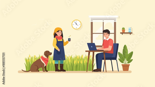 A dog and a girl holding coffee observe a man working on laptop