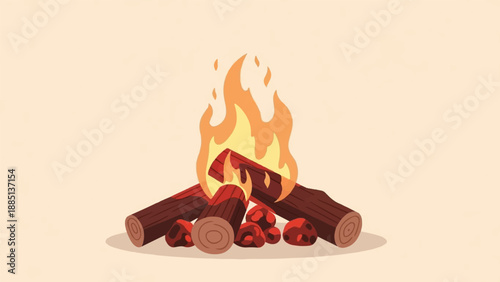 A cozy campfire with glowing embers and dancing flames on a neutral background