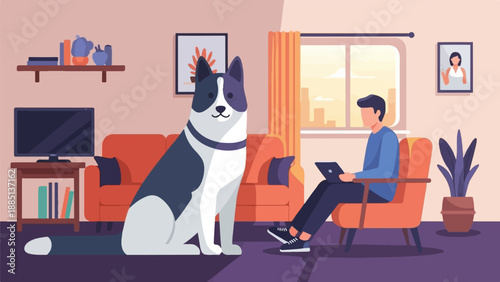 A dog and person relax at home with a city view