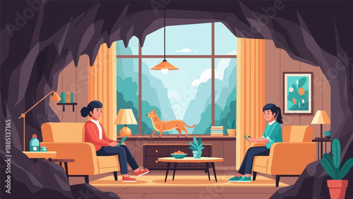 A cozy cave dwelling with a scenic mountain view