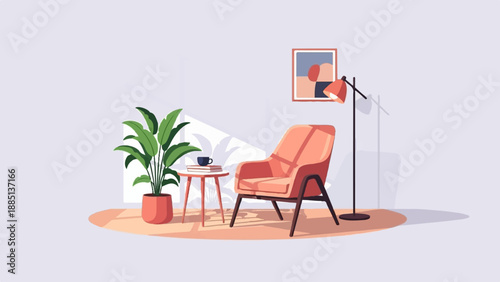 A cozy corner with a plush chair, plant, and reading nook