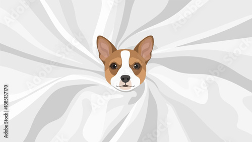 A cute dog face peeking out from under white fabric with a swirly pattern
