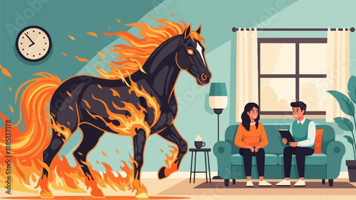 A fiery horse gallops through a room where two people talk