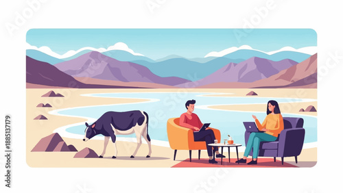 A cow stands near two people working on laptops by a lake
