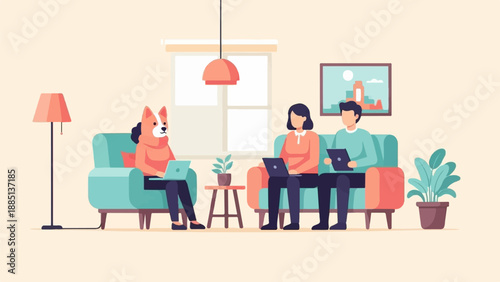 A dog and two people work on laptops in a cozy living room