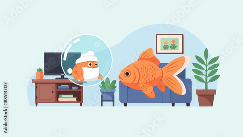 A fish in a bubble watches a larger fish in a room with furniture
