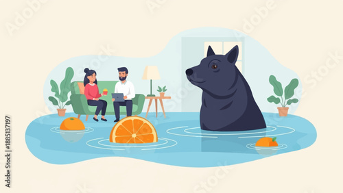 A dog emerges from water with people and fruit floating