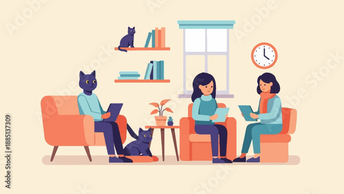 A cozy indoor scene with anthropomorphic cats and people interacting