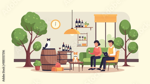 A cozy indoor-outdoor scene with people, pets, and wine
