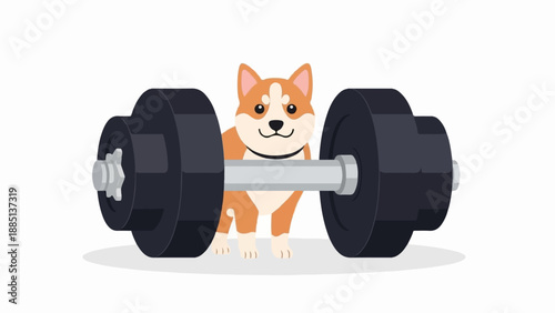 A cute dog stands behind a large barbell with black weights