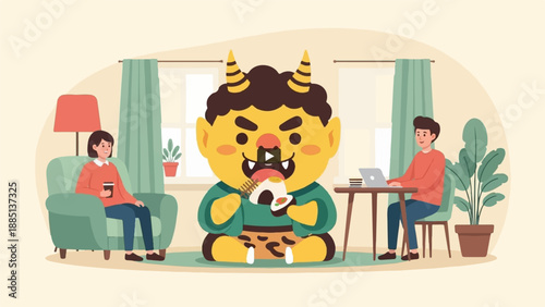 A comical demon enjoys a meal with people working and relaxing