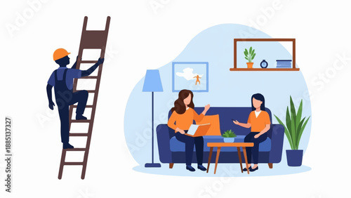 A construction worker climbs a ladder while two women converse on a couch