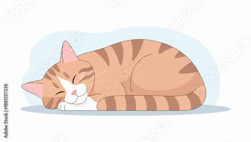 A content tabby cat rests peacefully, curled into a ball on a blue cloud