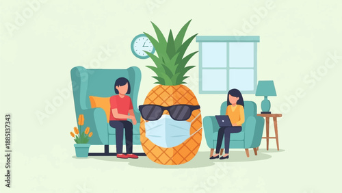 A cool, masked pineapple stands between two people working indoors