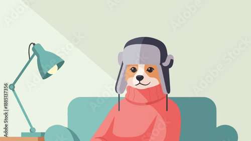 A corgi wearing a winter hat and sweater sits on a couch