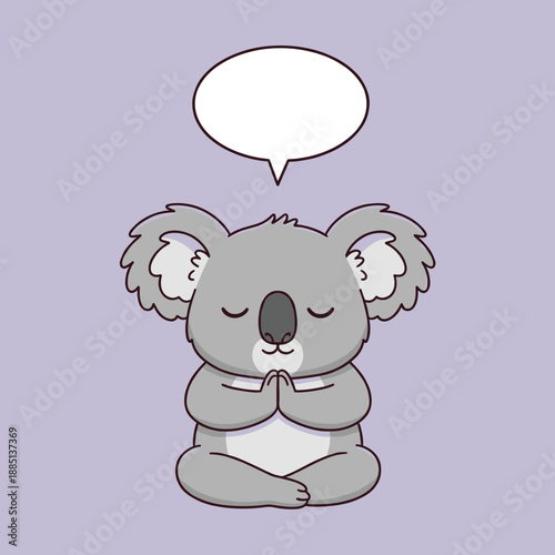 Peaceful koala character meditating in yoga pose with a speech bubble, cute animal mindfulness and relaxation concept vector illustration art.