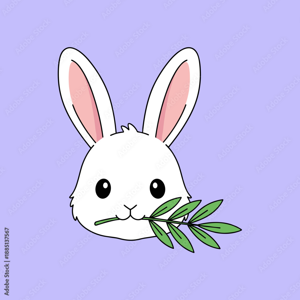 Obraz premium Adorable white rabbit head holding green leaves in mouth on purple background, cute bunny character illustration for easter and nature concepts