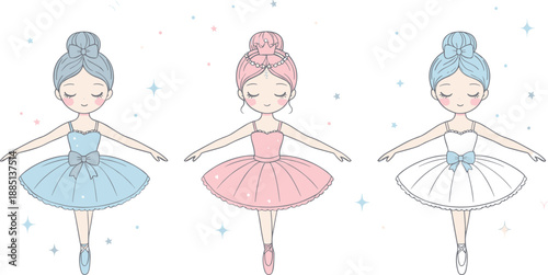Cute ballerina girls vector illustration set with little dancers in blue and pink tutus on white background