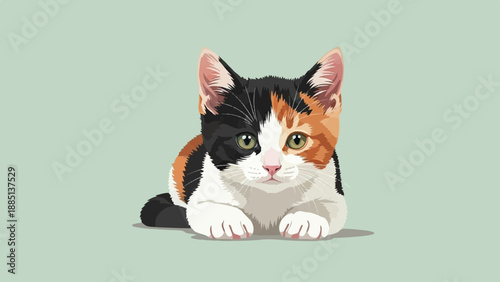 A calico kitten lies on a plain background, looking directly forward
