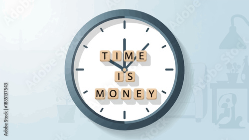 A clock displays the words "TIME IS MONEY" using letter tiles