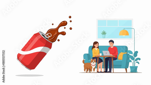 A can of soda spills while a couple relaxes with their dog and laptop