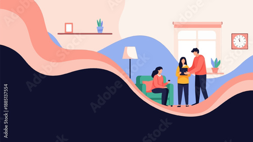 A calm interior scene with people interacting and abstract wavy shapes