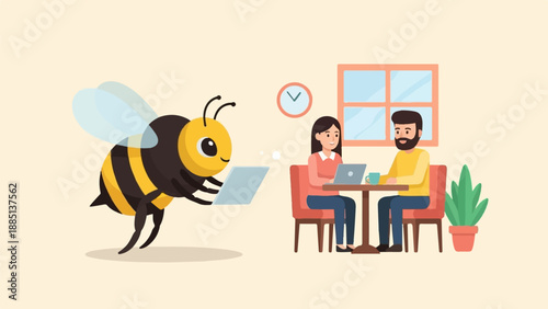 A cartoon bee uses a laptop while two people work on theirs at a cafe