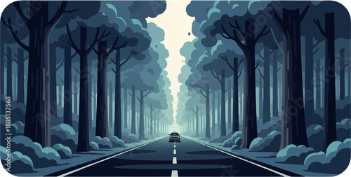 A car drives down a road through a dark, misty forest