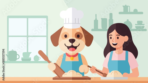 A cartoon dog and person happily bake together in a kitchen