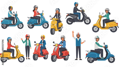 Diverse People Riding Scooters and Motorbikes, Vector Illustration Collection