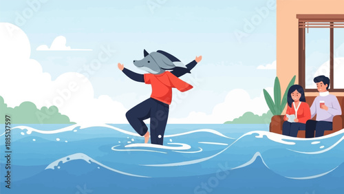 A cartoon character with an animal head joyfully dances in rising floodwaters