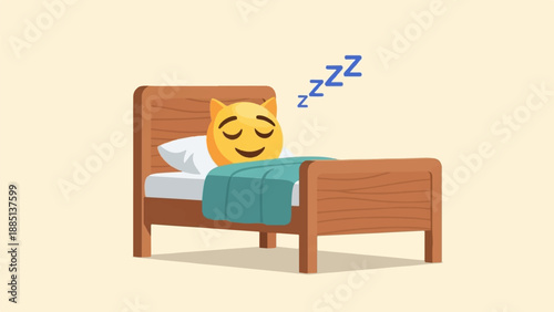 A cartoon cat emoji sleeps soundly in a wooden bed, resting