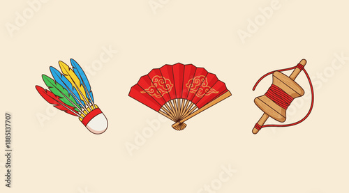 Cultural traditional toys and items set including colorful feather shuttlecock red folding fan and wooden kite string spool on beige background