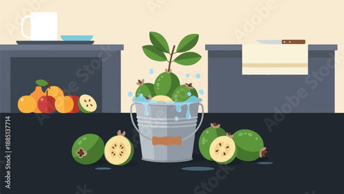 A bucket of green fruits with a sprig of leaves and other fruits nearby