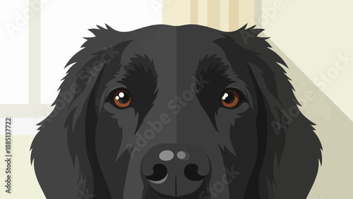 A close-up, flat illustration of a black dog's face with warm brown eyes