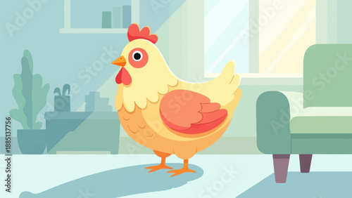 A cartoon hen stands indoors next to a chair and plant