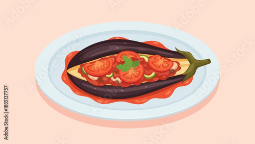 A cartoon illustration of a baked stuffed eggplant on a plate
