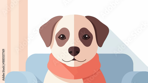A close-up illustration of a friendly dog wearing a scarf, seated indoors