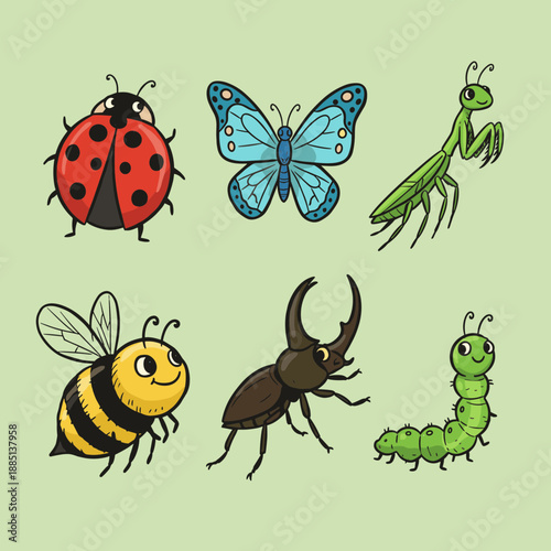 Cute cartoon insects collection featuring ladybug, butterfly, praying mantis, bee, beetle and caterpillar characters on light green background