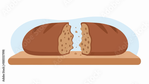 A brown, crusty loaf of bread, broken in half, rests on a wooden board